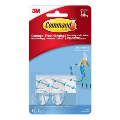 Afbeelding van Command Kleine haken met doorzichtige strips, 2 stuks + 4 plakstrips, transparant, voor gebruik binnenshuis, geschikt het ophangen van voorwerpen tot 450 g, schadevrij om op te hangen