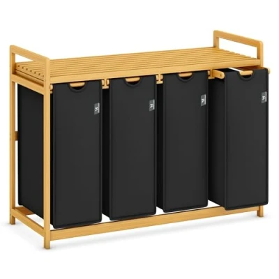 Afbeelding van AdelDream Wasmand met bamboeframe, 200 liter, 4 vakken, uittrekbare en afneembare waszak, wasverzamelaar, bamboe wasrek, wasbox, zwart