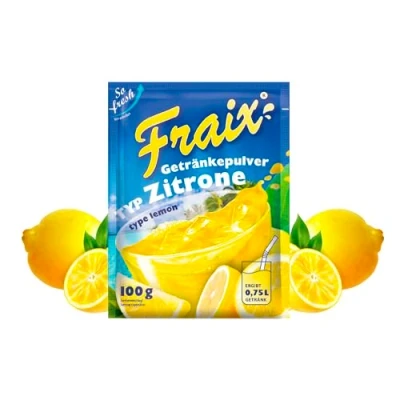 Afbeelding van FRAIX Drankpoeder citroen, 25 stuks (25 x 100 g), voordeelverpakking, fruitinstant poeder met citrussmaak, perfect voor onderweg, verjaardagsfeest