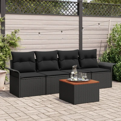 Afbeelding van vidaXL 5 delige tuinbankenset met kussens zwart poly rattan acacia