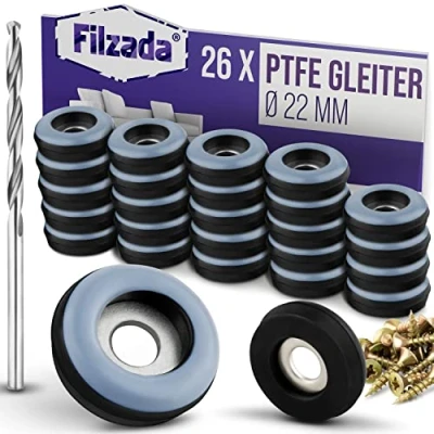 Afbeelding van Filzada® 26x Teflon glijders om te schroeven Ø 22 mm (rond) meubelglijders/tapijtglijders PTFE (Teflon) incl.