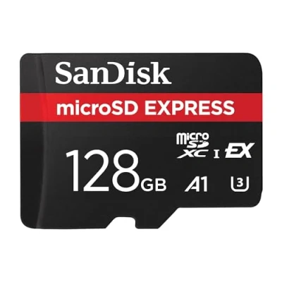 Afbeelding van SanDisk micro SD Express, 128GB kaart, leessnelheden Tot 880 MB/s, Schrijfsnelheid 480MB/s, 4,4 keer hogere dan bij onze snelste microSD UHS I kaarten, Class 10, U3