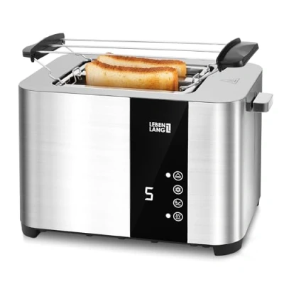 Afbeelding van LEBENLANG Roestvrijstalen broodrooster met opzetstuk voor broodjes, 2 sneden, touchscreen led display en 7 standen, 850 W, delige display, keuken, huishouden camping,