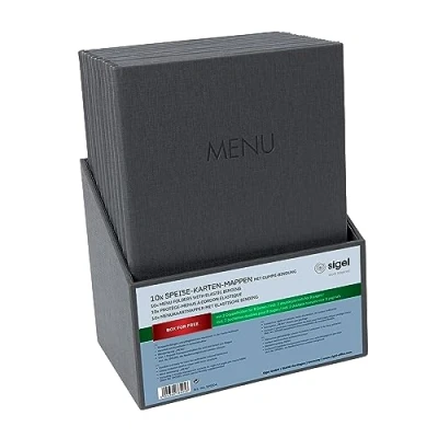 Afbeelding van Sigel SM204 Menu A4 Set: 10 stuks met gratis opbergdoos Rubberen binding, antraciet een linnenstructuur, hard kleding en gemakkelijk te absorberen