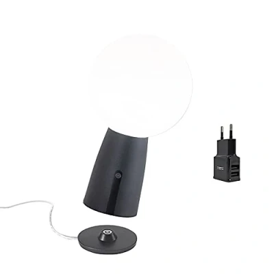 Afbeelding van Zafferano Olimpia Pro Oplaadbare aluminium tafellamp met Aiino USB lader, LED dimbaar aanraakscherm, IP54 bescherming, 3000K, Binnen/buiten gebruik, Oplaadbasis, h26 cm Donkergrijs