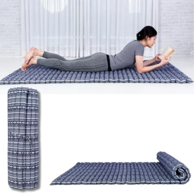 Afbeelding van Leewadee Opvouwbaar Matras Japanse Oprolbare Futon Opvouwbare Tatami Mat Gasten Vloerbed Camping Thaise Massage Mat, Kapok Gevuld, Blauw Wit