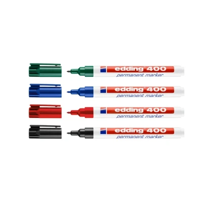 Afbeelding van edding 400 permanent marker set met 4 kleuren zwart, rood, blauw, groen ronde punt 1 mm geschikt voor vele ondergronden navulbaar