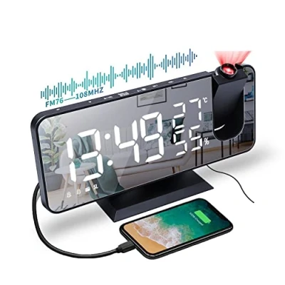 Afbeelding van VORRINC Projectiewekker, radiowekker, digitale wekker met FM radio, 7 inch led spiegelscherm, dubbel alarm USB aansluiting, 4 projectielichtingen, 180 graden flipweergave en 12/24 uur