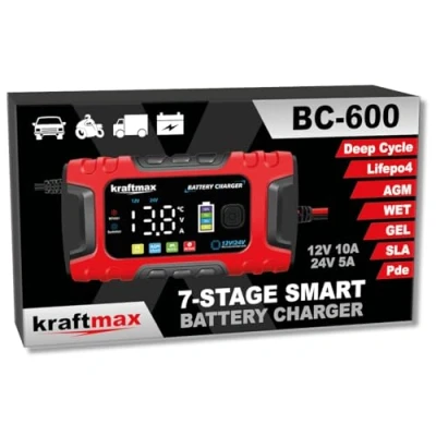 Afbeelding van Kraftmax BC 600 10 A auto acculader 12 V/24 V, 7 traps volautomatische smart oplader met LCD display, voor AGM, nat, gel, loodzuur en LifePO4 batterijen/accu&#039;s