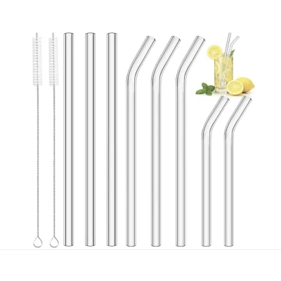Afbeelding van glazen rietjes, herbruikbaar, 8 stuks 2 kleine rietjes + 3 lange rechte gebogen met reinigingsborstels voor cocktails, smoothies en sappen