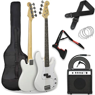 Afbeelding van 3rd Avenue 4/4 formaat elektrische basgitaar, beginnerspakket met 15W versterker, tas, kabel, gitaarband, statief en reservesnaren wit