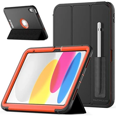 Afbeelding van TECHGEAR D FENCE ontwerp voor Apple iPad 10 2022 10e generatie 10,9 inch, slank, schokbestendig, stoer robuust beschermend pantser smart case + standaard, scholen bouwers workman kinderhoesje [oranje]