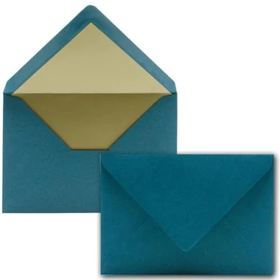 Afbeelding van enveloppen in petrol, 50 stuks, DIN C6 (114 x 162 mm), 11,4 16,2 cm, natte plakrand, mat oppervlak en goud metallic voering, zonder venster, voor uitnodigingen