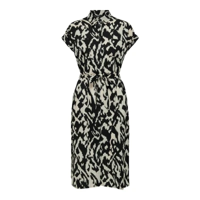 Afbeelding van ONLY blousejurk ONLHANNOVER met all over print en ceintuur zwart/ grijs