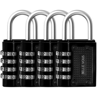 Afbeelding van Belle Vous Zwart 4 Cijferige Combinatie Hangslot (4 Pak) 4,8 x 1,6 cm Zwarte Kwaliteit Waterdichte Binnen/Buiten Veiligheid Slot Voor Gym &amp; School Lockers, Hek en Poort