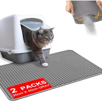 Afbeelding van 2PCS Kattenbakmat, 30 x 40cm dubbellaags Honingraat Grote Gaten Ontwerp, honingraatvormig design, urine en waterdicht materiaal, kattenbakonderlegger, grijs