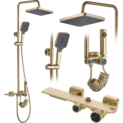 Afbeelding van Rea Douchesysteem HELIX Brush Gold Doucheset Douchekraan met douchekop en hoofddouche van messing voor badkamer (geborsteld goud)