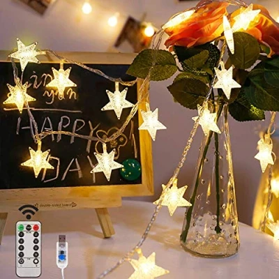 Afbeelding van Led lichtsnoer met sterren, 80 leds, 10 m, hangend, warmwit, 8 modi, USB lichtketting afstandsbediening, voor feest, Kerstmis, Halloween, bruiloft of sfeerverlichting