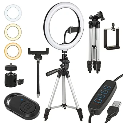 Afbeelding van Maclean Ringlamp 10 &quot;12W LED ringlicht met statief en Bluetooth trigger 3 kleuren helderheidsniveaus 10% 100% Instelbare helderheid 160 verlichtingslamp voor smartphonehouder