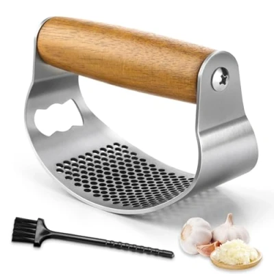 Afbeelding van GlasFlength knoflookpers, roestvrij staal, wip, knoflookwip, knoflookschiller, handvat van hout, knoflook, verdikt, crusher, keukengadgets gemakkelijk te reinigen