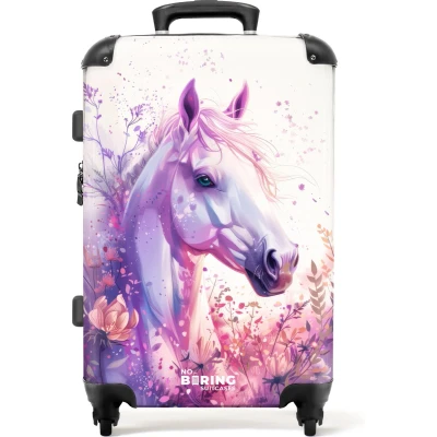 Afbeelding van NoBoringSuitcases.com® Koffer groot Rolkoffer lichtgewicht Zijaanzicht van een paard in paars en roze Reiskoffer met 4 wielen Grote trolley XL 20 kg bagage