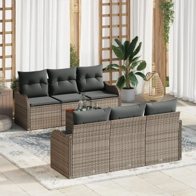 Afbeelding van vidaXL 7 Delige Tuinsofa Set met Kussens Grijs Poly Rattan Acacia, 2 Zits