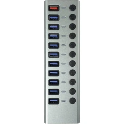 Afbeelding van Transmedia CH 12 L USB HUB 3.0, 11 poorten met schakelaar en LED indicator, inclusief 12V/4A voeding, 10x gegevensoverdracht 1x snellaadfunctie, geschikt voor laptop pc