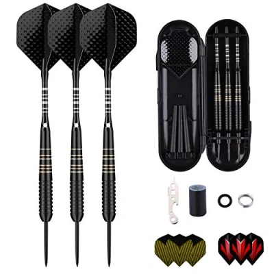 Afbeelding van sanfeng dartpijlen met metalen punt, 3 stuks 23 gram steeldarts, stalen aluminium schachten, 9 flights, 50 rubberen anti losseringen, 12 veerringen, 1 dartgereedschap, slijper