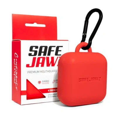 Afbeelding van SAFEJAWZ Premium mondbeschermer hoesje met karabijnhaak clip. Uniek duurzaam en flexibel siliconen ontwerp om tandvleesschilden beschermd/schoon te houden. Rood, één maat.
