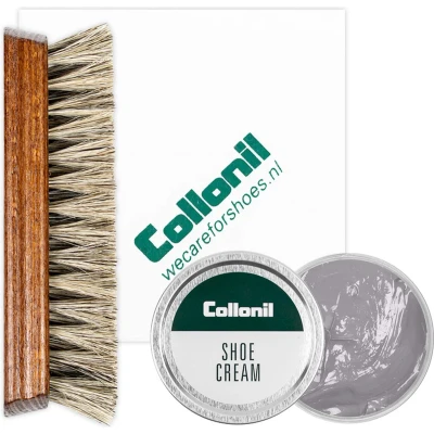 Afbeelding van Collonil Schoenpoets set 3 delig Shoe cream Poetsdoek Borstel Licht grijs