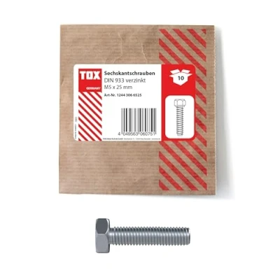 Afbeelding van TOX zeskantkopschroef M5x25, verzinkt, DIN 933, machineschroeven met volle draad en lage kophoogte, 10 stuks in hersluitbare milieuvriendelijke papieren verpakking, 12443066525