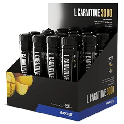 Afbeelding van Maxler L Carnitine 3000 Mango 14x25ml Hooggedoseerde Vloeistof Veganistisch voedingssupplement 3000mg actief ingrediënt per portie 14 porties