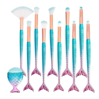 Afbeelding van YKKJ make up kwastenset, 3D zeemeermin kwasten, 11 stuks, professionele cosmetica upkwast voor foundation, poedercrème, rouge, oogschaduw, wenkbrauwen, eyeliner