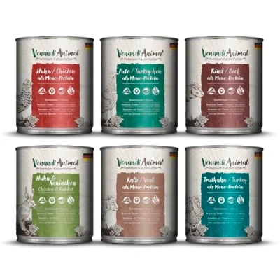 Afbeelding van Venandi Animal Premium natvoer voor katten, proefpakket III, kip, kalkoen, rundvlees, kip konijn, kalfsvlees, 6 x 800 g, graanvrij en natuurlijk, 4.8 kg