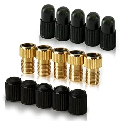 Afbeelding van Messing adapter voor Presta ventielen (5 stuks + 10 doppen) in Schrader fietsen, e bikes, en scooters banden met standaardpomp van Mobi Lock