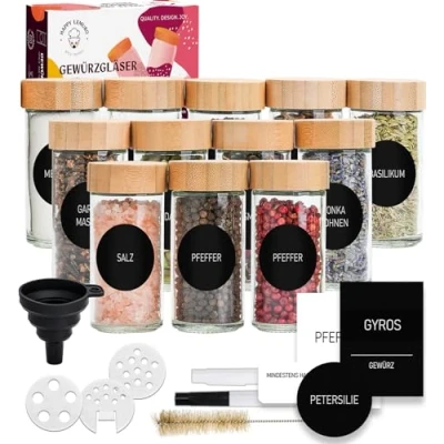 Afbeelding van Happy Lemuro Kruidenpotjes rond [12 x 100 ml] 399 kruidenetiketten, deksel van bamboe Kruidenpotje met houten deksels en veel accessoires. Kruidenpotjes, set 24, kruidenopslag kruidenorganizer