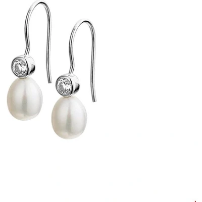 Afbeelding van Oorhangers Franse Haak Parel en Zirkonia Zilver Gerhodineerd Glanzend