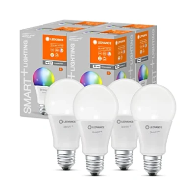 Afbeelding van LEDVANCE Slimme LED lamp met WiFi technologie, E27 basis, dimbaar, lichtkleur instelbaar (2700 6500K), RGB kleuren instelbaar, vervangt gloeilampen van 100 W, SMART+ Classic Multicolour, 4 pak