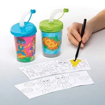 Afbeelding van Baker Ross AW553 Mok &quot;Superhelden&quot; om in te kleuren met flexibele rietjes (3 stuks) knutselidee voor kinderen versieren en drinken,3 Stuk (1er pakket),gesorteerd