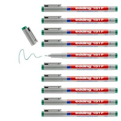 Afbeelding van edding 151 F non permanentee stift groen 10 pennen ronde punt 0.6 mm schrijfstift voor glas, kunststof, folie en gladde oppervlakken sneldrogend, met water corrigeerbaar