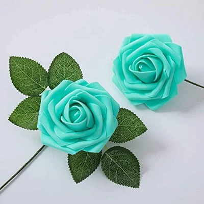 Afbeelding van PIQIUQIU kunstbloemen, rozen, rozenkoppen, namaak voor verjaardagsdecoratie, bruiloftsdecoratie, feestdecoratie, 25 stuks, blauw