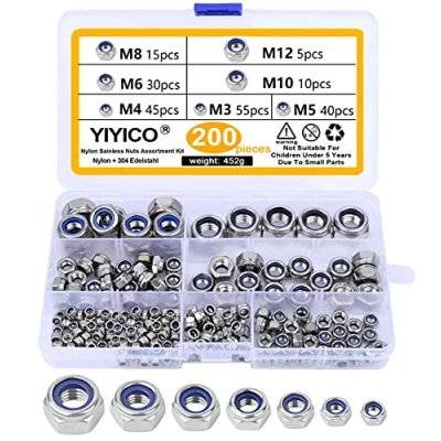 Afbeelding van YIYICO Remmoeren, zeskant, borgmoeren, 200 stuks, zelfborgende moeren, roestvrij staal, M3, M4, M5, M6, M8, M10, M12, nylon, tegenmoeren, zilver, voor bouten, schroeven