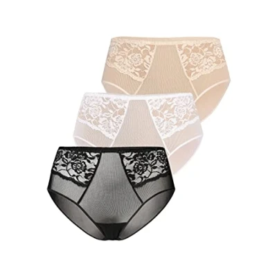 Afbeelding van Teyli Set van 3 slips voor dames, hoge taille, mesh, bloemenkant, volledig comfortabel, ademend, rekbaar, stuks, zwart wit beige, 34