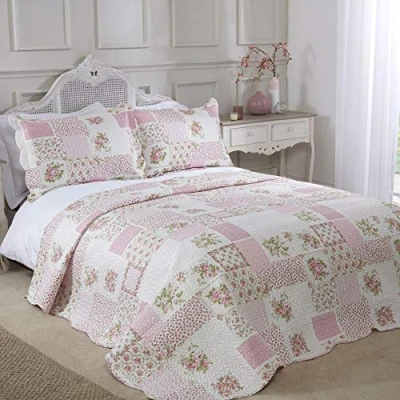 Afbeelding van Emma Barclay Cotswold Gewatteerde patchwork sprei set in roze tweepersoons