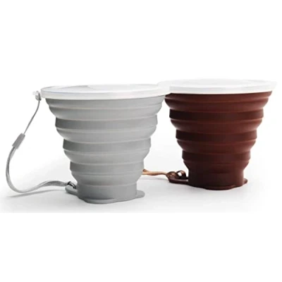 Afbeelding van DEHUB opvouwbare siliconen beker, reisbeker, 270 ml, lichte beker met grotere inhoud voor kamperen, wandelingen buiten (grijs + koffie, 2 stuks)