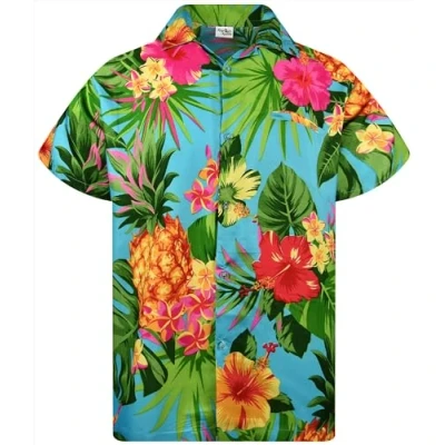 Afbeelding van King Kameha Funky Hawaïhemd voor heren, korte mouwen, voorzak, party, palmbladeren, ananasprint, Ananas turquoise, M