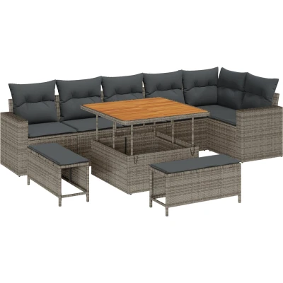 Afbeelding van vidaXL 9 delige Tuin Sofa Set met Kussens Grijs Poly Rattan Acacia