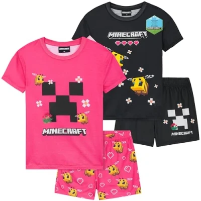 Afbeelding van Get Trend pyjama meisjes korte kinderen set van 2 tieners mouwen zomer loungewear set, Zwart Minecraft, 11 12 Jaar