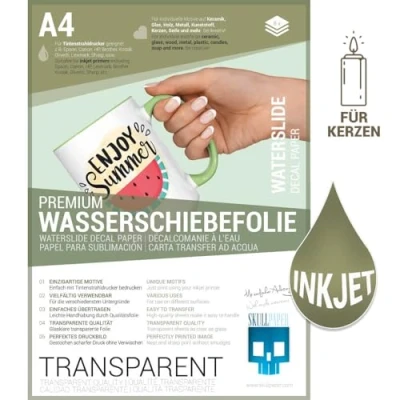 Afbeelding van SKULLPAPER® Waterschuiffolie, transparant, voor inkjetprinters, flinterdun, doe het zelf sticker, natte schuiffolie keramiek, glas, kaarsen, metaal, kunststof, modelbouw (A4 8 vellen)