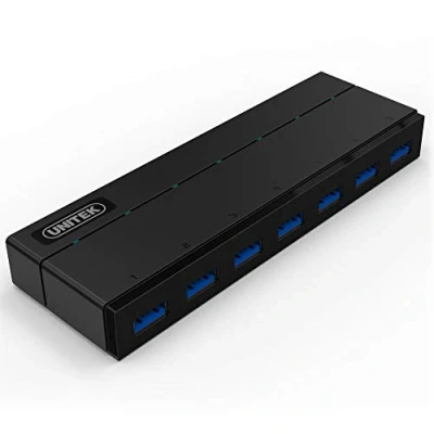 Afbeelding van UNITEK hub 7 Port USB 3.0 actief met voeding, data multiport distributeur voor PC, laptop, toetsenbord, muis, printer, iOS (Mac) + Windows compatibiliteit, Plug&amp;Play, Zwart, Y 3184